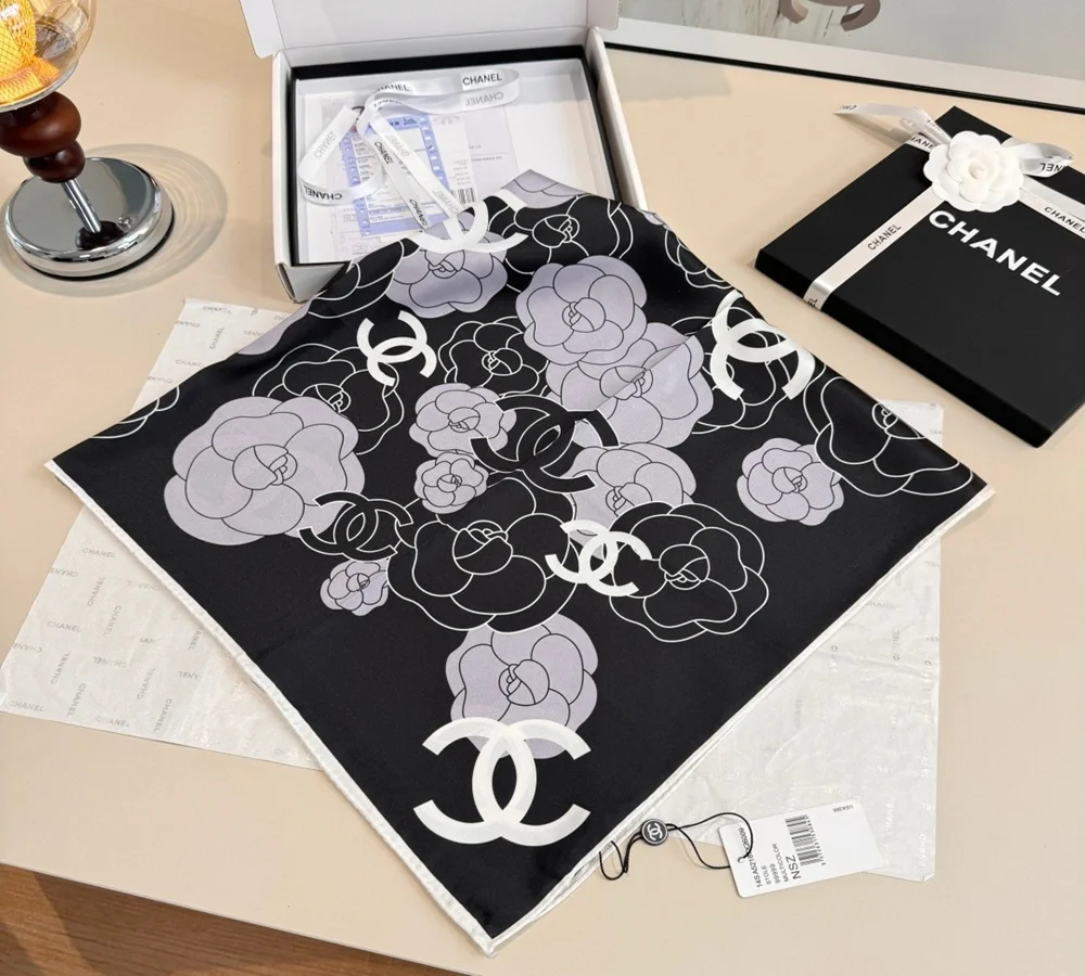 Chanel Camellia & CC Logo Silk Scarf (Black & Lilac)